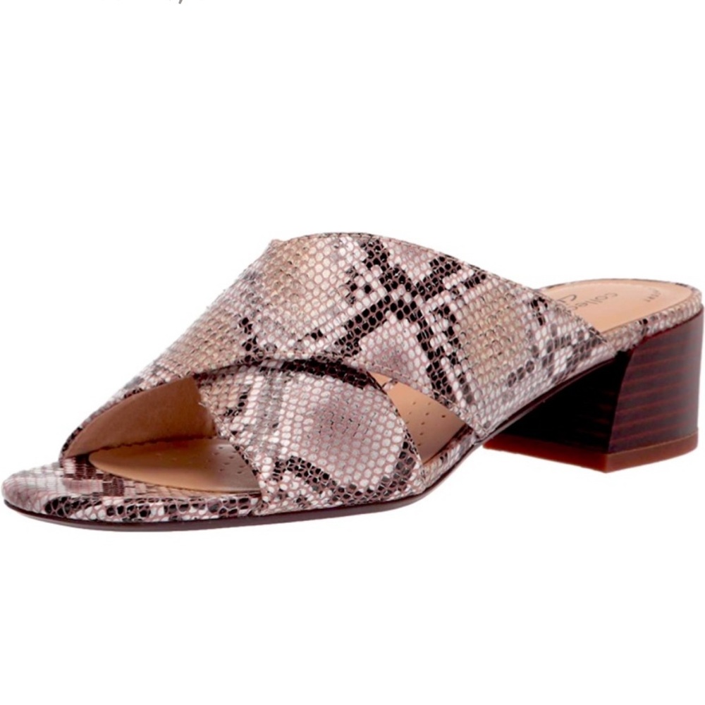 CLARKS•python snake slip on heeled slide sandals 7.5M NIB